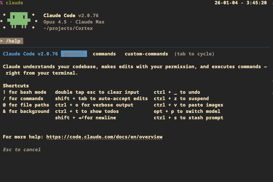 Claude Code help command output